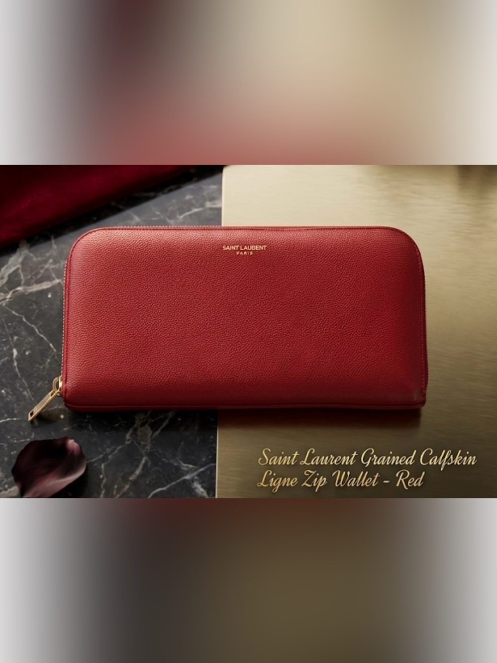 Saint Laurent Red Leather Zip Around Lainge Wallet with Gold Hardware